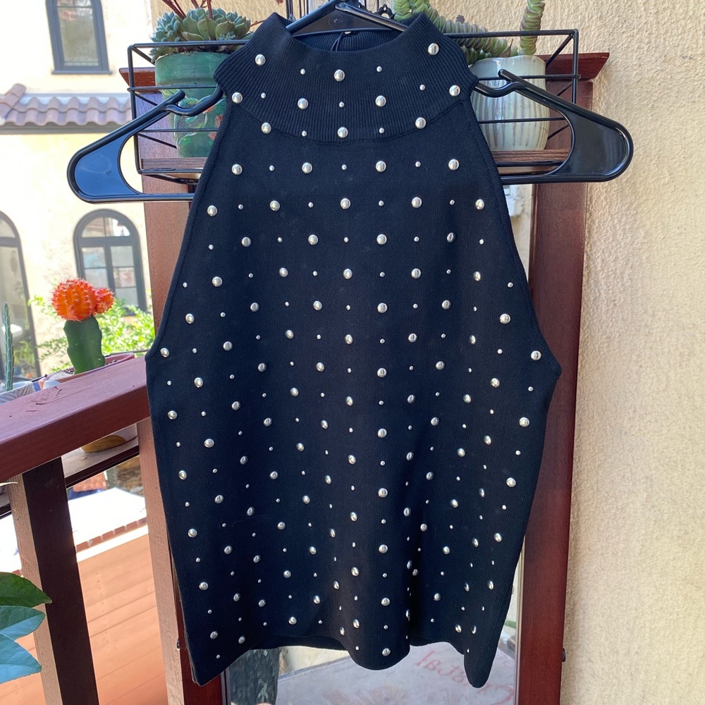 Zara silver and black polka dot high neck sleeveless top